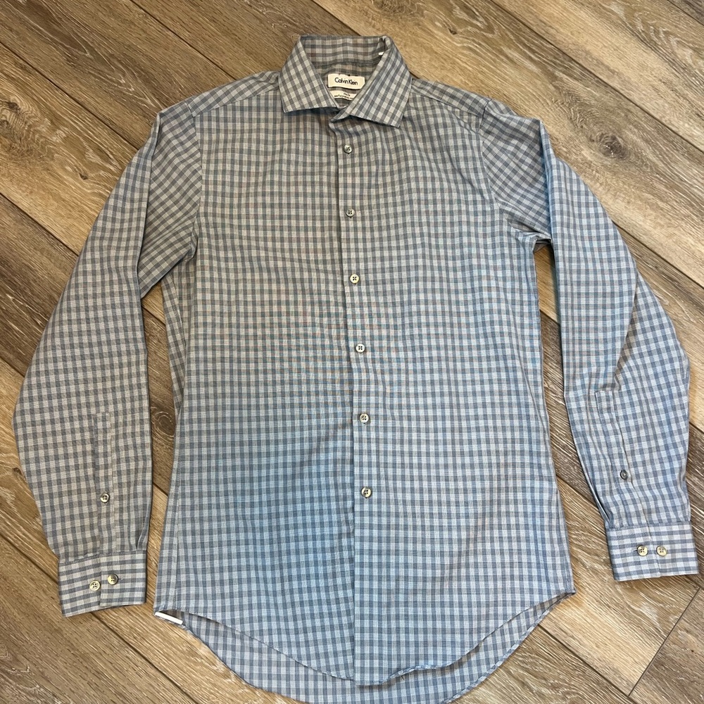 Calvin Klein Blue Check Long-Sleeve Dress Shirt
